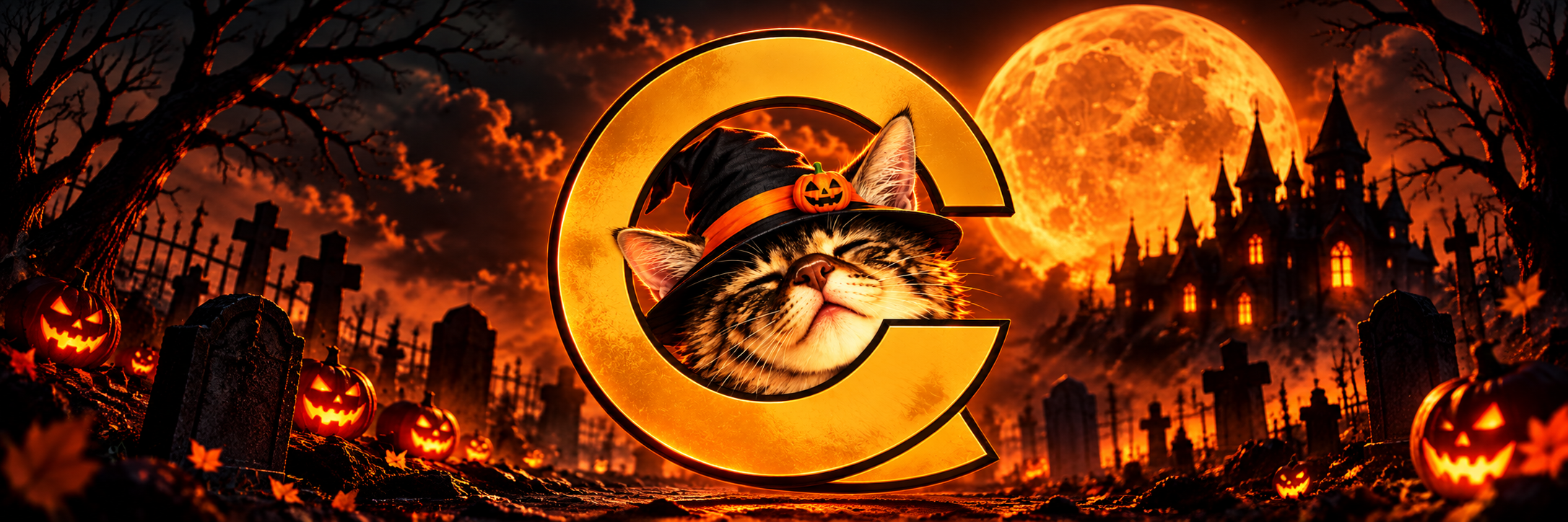 Cateoween cat beneath an orange moon in a haunted graveyard